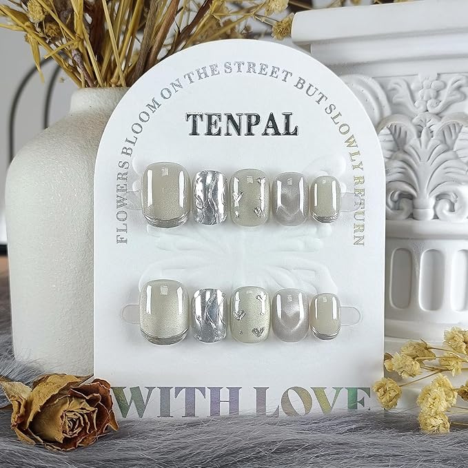 Press on Nails Short Squoval Square, Diamond Dust Hearts Holographic False Nails,Cat Eye Glow Glue on Nails,Icy Shimmer Fake Nails Kit,Luxe Sweet Ins Design False Nails with Tools 10pcs(S)