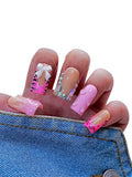 Y2K Press On Nails – 10pcs Pink Nude Ombre Fake Nails with Zebra Print, Leopard Design & Rhinestone Charms – Medium Square Cute Stick On Nails for Women and Teen Girls – Euphrosyne