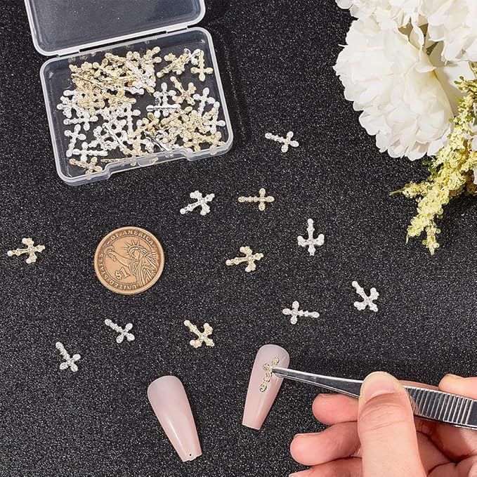 CRASPIRE 60Pcs 6 Style Cross Nail Charms 3D Y2K Metal Alloy Rhinestone Pearl Flat Nail Gems Set Gothic Vintage Punk Studs Decor for Women Nail Art DIY Jewelry Cellphone Crafts Christmas Decorations