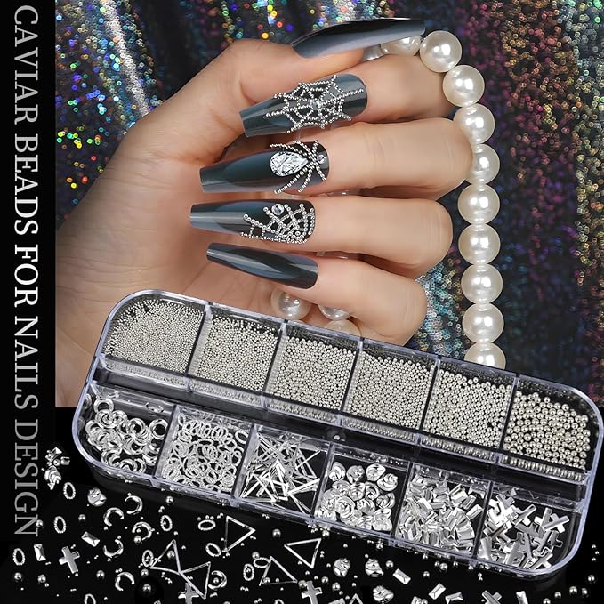 Teenitor Silver Nail Charms and Gems Kit, 4 Boxes Nail Gems Silver Rhinestones for Nails, 3D Y2K Accessories Nail Decor, Cross Charms for Nails Design Star, Caviar Beads for Nails Art