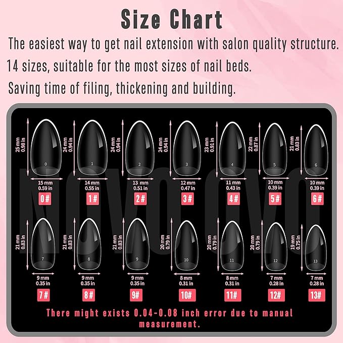 NOVO OVO Extra Thick Almond Nail Tips Press on Natural Curve, Medium Soak Off Soft Gel Fake Nail Extension, Full Cover Matte Cuticle False Nails for Acrylic French, Salon DIY x 14 Sizes 336 pcs