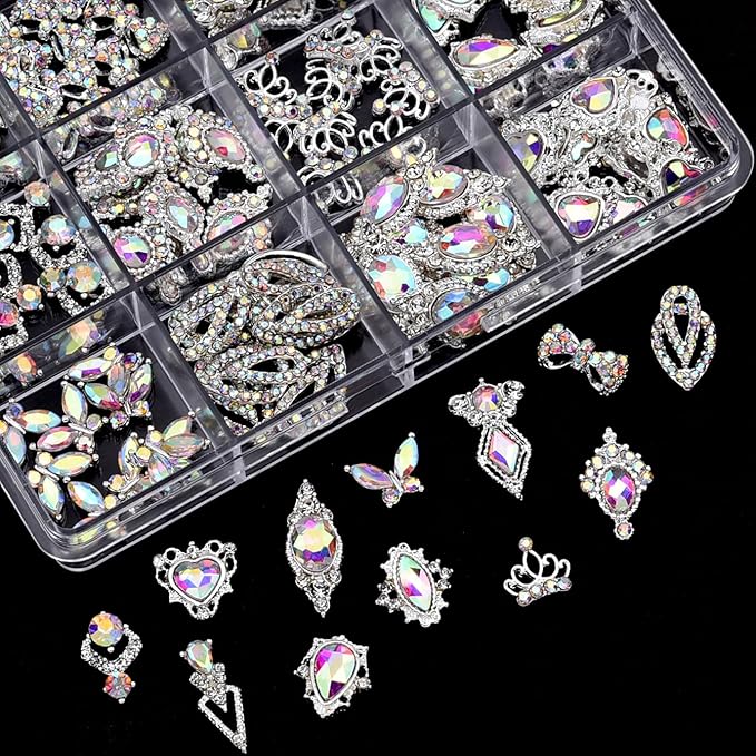 120pcs Nail Art Rhinestones Kit - 12 Styles Gradient AB Silver Glitter Nail Charm Gems for DIY Manicure, Jewelry Making, Craft Decor, Y2K Women Girl Nail Beginners Designers, Acrylic Nail Supplies