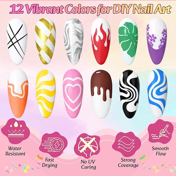 12 Colors 3D Nail Art Pens Set, 0.7mm Fine Tip, Waterproof and Quick-Drying Nail Polish Markers, Nail Painting Kit for DIY Nail Art Design