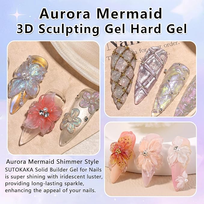 Solid Builder Gel for Nails, Aurora Purple Pink Blue and Clear 3D Nail Art Gel Non-Stick Hand Sculpture Hard Gels Extension Glue with Silicone Carving Pen Manicure DIY Salon Home