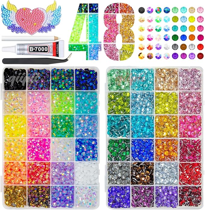 48 Color 6mm Jelly AB & Crystal Colorful Resin Rhinestones for Bedazzling Crafting SS30 Flatback Stones Gems Diamonds Charms for Nails Eyes Face Makeup Beauty Tumblers Bottles DIY Crafts Shoes