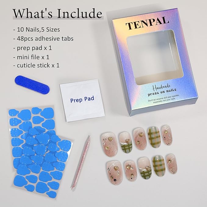 French Tip Press on Nails Short Oval Cute Acrylic Pink Nails Press Ons Classic Checkered Grid Designs Fake Nails Reusable Full Cover Artificial Nails 10pcs Glue on Nails for Women Girls(XS)