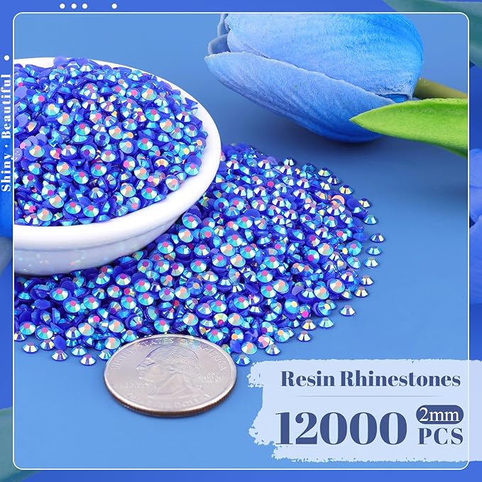 12000PCS 2mm Resin Jelly Rhinestones in Bulk (Dark Blue AB), Bedazzling Flatback Crystals Rhinestones for Crafting DIY Nail Decoration, Gems Diomand Charms for Tumbler Shoes Clothing Fabric