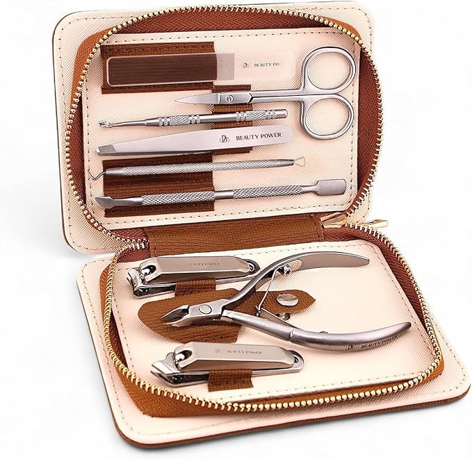 9 in 1 Professional Manicure Pedicure Set - Stainless Steel Nail Clippers, Nano File, Cuticle Nipper, Scissors, Tweezers, Travel PU Leather Case for Men & Women - Valentine's Gift Idea