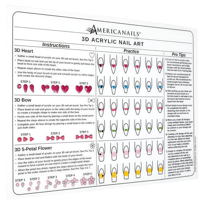 Americanails 3D Acrylic Nail Art Training Mat - Silicone Trainer Sheet for 3D Acrylic Nail Art Design - Step-by-Step Instructions & Diagrams - Create Hearts, Bows & Flowers - Protects Desk Surface