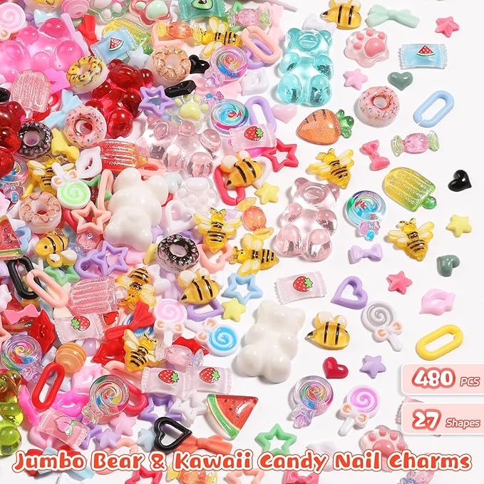 480PCS Jumbo Bear & Candy Nail Charms Kit, 3D Resin Hollow Hearts, Bees, Mini Bows for Acrylic Nails, Kawaii Nail Art Supplies with Tweezers for Nails Design, Crafts, Phone Cases Gifts