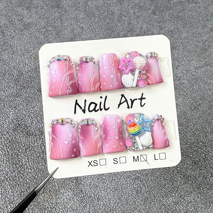 10 Pcs Handmade Acrylic Press on Nails Short Duck Fake Nails with Design 3D Rhinestone Curve Charms Glue on False Nails Artificial Full Cover Handmade Nails for Women - Size M