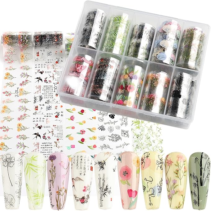 JERCLITY 10 Rolls Flower Nail Foil Transfer Sticker Kit Bamboo Ink Painting Pattern Nail Foil Sheets Foil Nail Art Decals Spring Nail Foil Transfer Stickers Foil Nail Wraps for Foil Nail Art