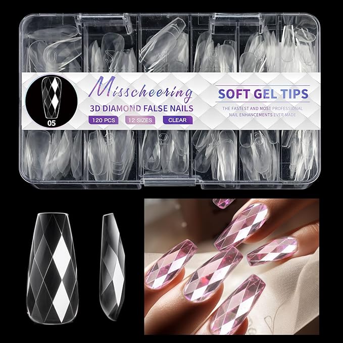 3D Diamond Shaped Polygel Nail, Extension Clear Full Cover False Nail Tips, Hybrid Gel Acrylic Nail, Diamond Fake Nails, 14 Sizes Building Artificial Press on Nail (style 5, 120pcs)