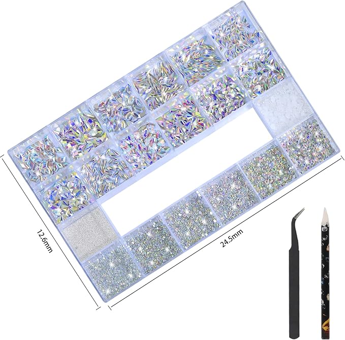 Nail Art Rhinestones - 12 Types of 600 Crystal AB Diamonds, 3D Flatback DIY Pearls, Gems, Beads, Flat Back Stones Set, with Kit, for Nail Art Decor