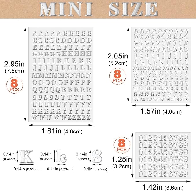 ANCIRS 24 Pack Resin Mini Letter Stickers for Nail Art - Glittering Epoxy Alphabet Number Stickers - Self Adhesive, Silver