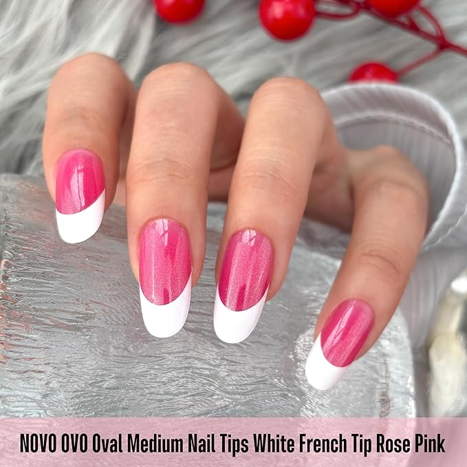 NOVO OVO White French Tip Oval Nail Tips Press on ROSE PINK, Extra Thick Medium Soft Gel Fake Nail Acrylic Extension, Need Builder Gel Top Coat, No Glue Included, for Salon DIY x 15 Sizes 240 pcs