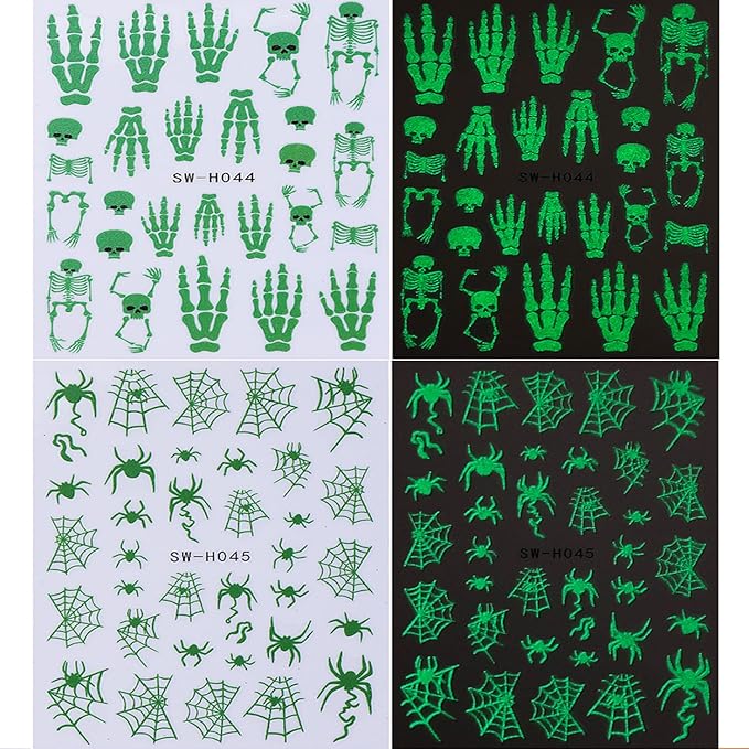 Luminous Halloween Nail Art Stickers Decals Cute White Ghost Nails Stickers Skeleton Spider Web Nails Decals Self-Adhesive Glow in The Dark Nail Art Decal for Women Halloween Decor