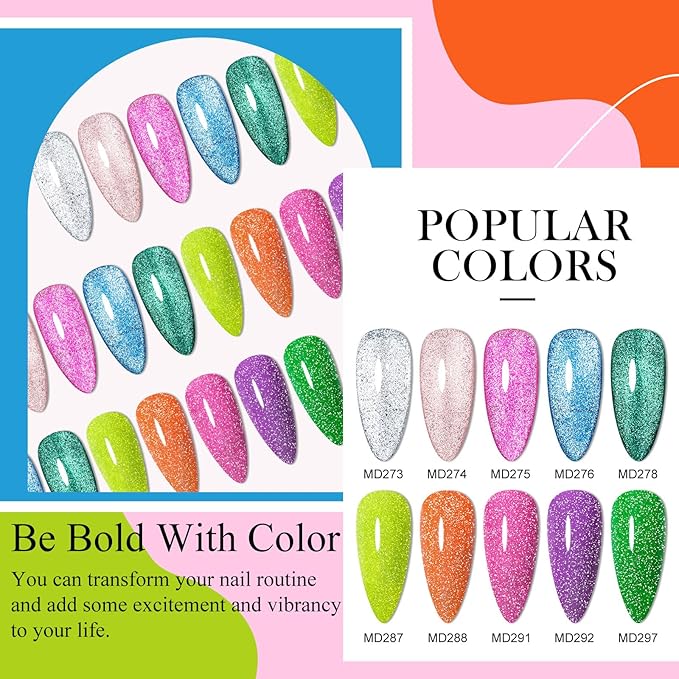 12Pcs Glitter Cat Eye Gel Nail Polish, Magnetic Cat Eye Gel Polish Set with Magnet + Reflective Glitter Gel Polish Set Christmas Manicure Kit 10 Colors