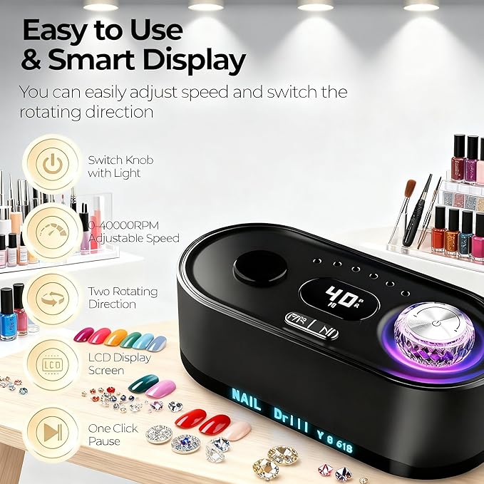 Electric Nail Drill File, Professional Drill Machine Kit 40000RPM Nail Drill Machine, Remove Poly Gel Acrylic Nails Remover Home Salon Pedicure Manicure Tool with 12 Sanding Bits E File Set