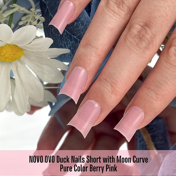 NOVO OVO Short Duck Nail Tips 240Pcs - Solid Berry Pink Soft Gel Flare Duck Feet Nails for Wide Nail Beds, Thick Full Cover False Nail Press Ons, Pre-Shaped Y2K Style Manicure (15 Sizes)