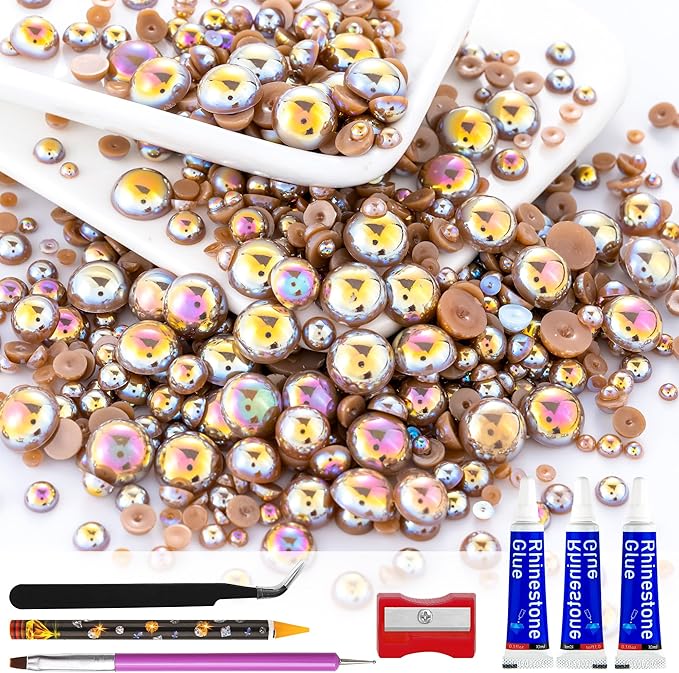 60g Light Coffee AB Flatback Half Round Pearls Mixed Size 3-10mm Resin Craft Beads for Nail Art, Face Gems, DIY Jewelry Making