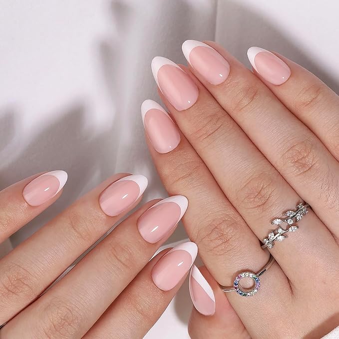 Press On Nails - Paris | White French Tip, Short Almond Nails, Fake Nails Salon Quality | 32 Nails, 16 Sizes Kit with Glue and Adhesive Tabs