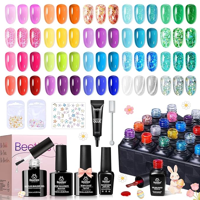 Beetles Jelly Gel Nail Polish Set - 20 Colors Spring Cat Eye Glitter Rainbow Soak Off UV LED Gel Nail Kit Pink Orange Blue with Base Matte Top Coat for DIY Nail Art Sunbeam Jelly Easter Gift for Women