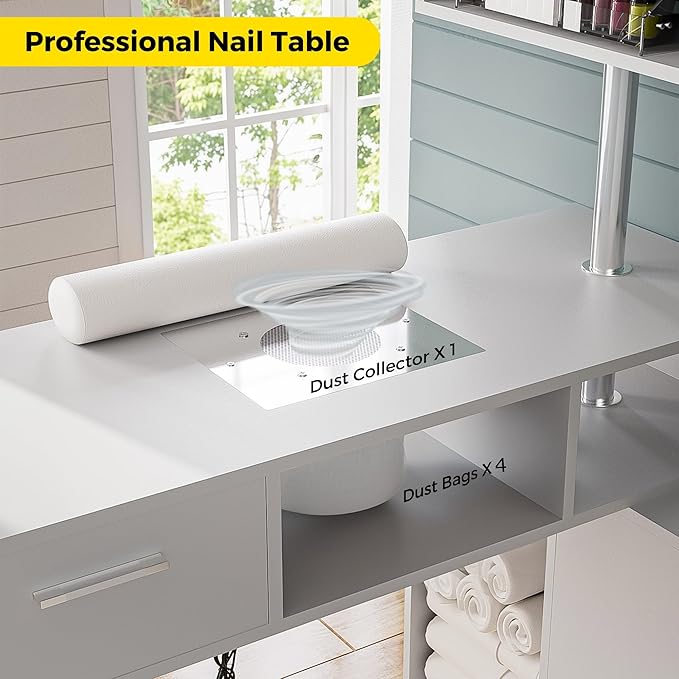Manicure Table Nail Desk with Dust Collector, L-Shaped Nail Tech Desk with Stool, Two-Way Drawer, Cabinet & Storage Shelves, Rotating Reversible Manicure Workstation on Wheels (White)