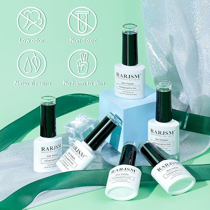 RARJSM Holographic Gel Polish Set,Turquoise Green Gel Nail Polish Kit Glitter Summer Collection Soak Off 6PCS 7.5ML Curing Required Unicorn Mirror Laser Effect Nail Gel for Salon Home Manicure