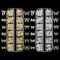 Gold Silver 3D Nail Charms, 2Boxes 24Grids Bow Star Nail Gems Nail Studs,Punk Metal Alloy Rivet Stickers Bowknot Nail Art Decorations Accessories for Nail Art Design DIY Crafts (Gold Silver C)