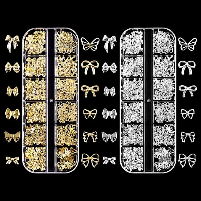 Gold Silver 3D Nail Charms, 2Boxes 24Grids Bow Star Nail Gems Nail Studs,Punk Metal Alloy Rivet Stickers Bowknot Nail Art Decorations Accessories for Nail Art Design DIY Crafts (Gold Silver C)