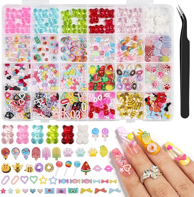480PCS Jumbo Bear & Candy Nail Charms Kit, 3D Resin Hollow Hearts, Bees, Mini Bows for Acrylic Nails, Kawaii Nail Art Supplies with Tweezers for Nails Design, Crafts, Phone Cases Gifts
