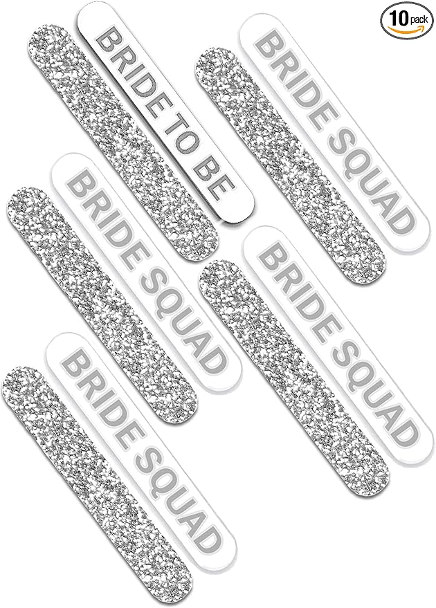 Bridal Survival Kit for Wedding Day - Set of 10 Silver Sparkle Bridal Party Nail Files (2) Bride to Be, (8) Bride Squad - Bulk Nail Kits for Party Favors - Emery Board (2BD8BSQ) SLV