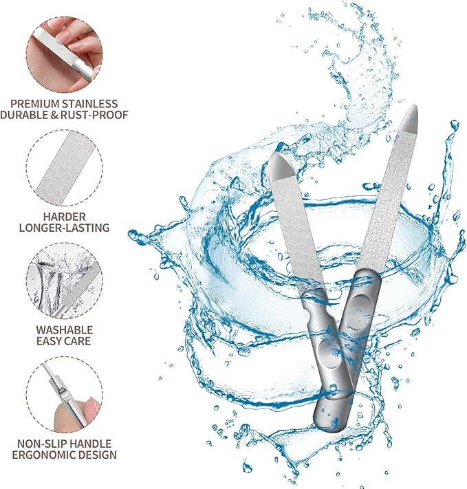 Metal Nail File (2 Pcs), Nail Files for Natural Nails & Toenails, Thick Nails Made of Stainless Steel, Double Sided Metal Nail Files with Anti-Slip Handle for Fingernail Toenail, Home or Salon Use