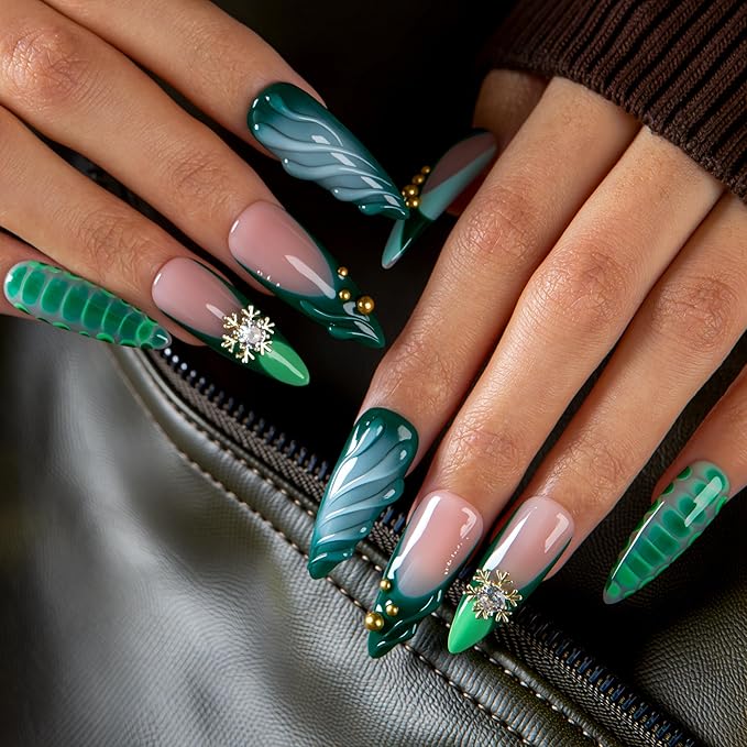 LOVFUL Short French Tip Press on Nails Forest Jewel | Handmade Acrylic Press ons| Reusable Fake False Nails | Stiletto Classic Regular 1.3in | H698-S