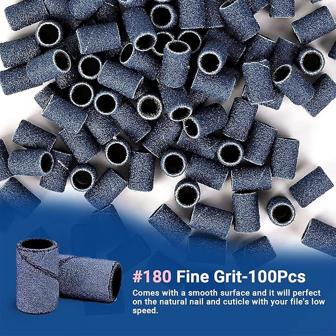 MelodySusie 100 Pcs Nail Drill Bits Sanding Bands for Nail Drill 180 Fine Grit Nail File Sanding Bands for Acrylic Nails Gel Manicures and Pedicure