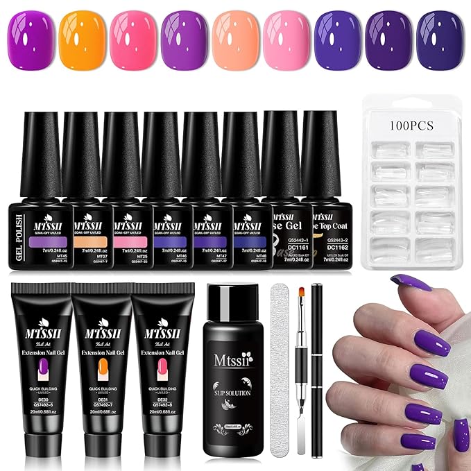 MTSSII 15Pcs Gel Nail Polish Set 6Pcs Gel Polish + 3Pcs Poly Nail Extension Gel Pink Purple with Slip Solution, Dual-Ended Brush for Polygel Nail Art Salon DIY Beginner Kit