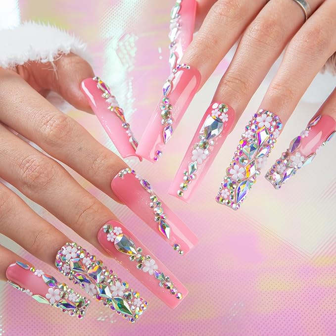LOVFUL Press on Nails Pink Crystal Dream| Handmade Acrylic Press ons| Reusable Fake False Nails| Square Mid length 1.7in| H708-L