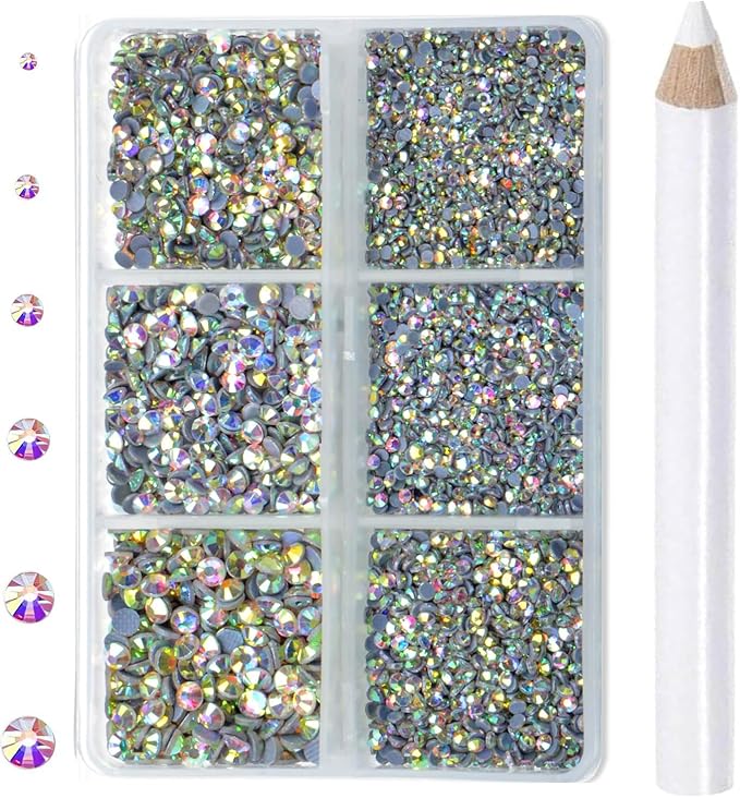 8000pcs Hotfix Rhinestones Flatback,Rhinestones for Crafts Clothes Mixed 6 Sizes, Hotfix Crystals with Wax Pencil Kit, SS3-SS12,Clear AB