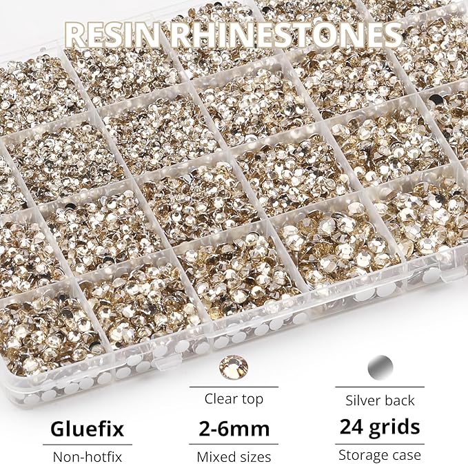31000Pcs Champagne Resin Rhinestones Bedazzling, 2-6mm Mixed Sizes Tan Bedazzle Gems, Rose Gold Flatback Bedazzled Diamonds Jewels Crystals with B7000 Glue for Crafts Crafting Clothes