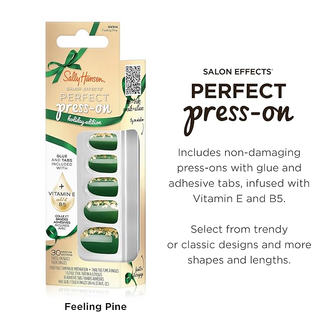 Sally Hansen Salon Effects Perfect Press-On Holiday, Feeling Pine, Press On Nails, Easy to Apply, Nail Glue & Adhesive Tabs Included