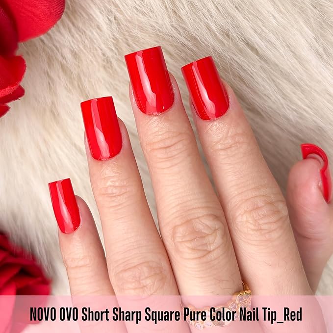 NOVO OVO Short Sharp Square Nail Tips Press on Pure Color Red, Need Builder Gel Top Coat Nail Glue, Soft Gel Matte Fake Nail Extension, Full Cover False Nails for Salon DIY x 15 Sizes 180 pcs