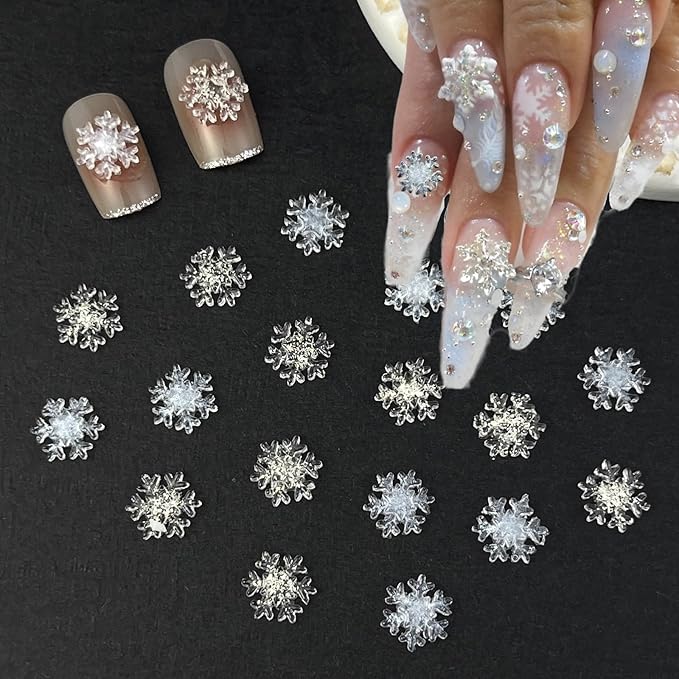 100pcs Snowflake Nail Art Decorations Christmas Iridescent Nail Art Charms White Transparent Snowflake Nail Supplies Mini Flatback Snow Shape Nail Art Accessories for Women Girls Manicure Decoration