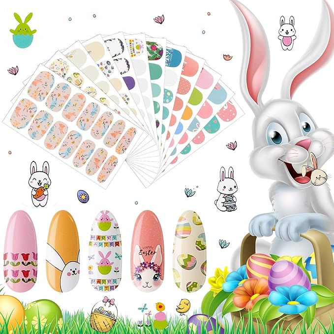 168 Pieces 12 Sheets Easter Nail Wraps Full Art Polish Stickers Spring Easter Self Adhesive Art Decals Strips Eggs Rabbits Chick Sticker with Nail File for Women Girls DIY Manicure