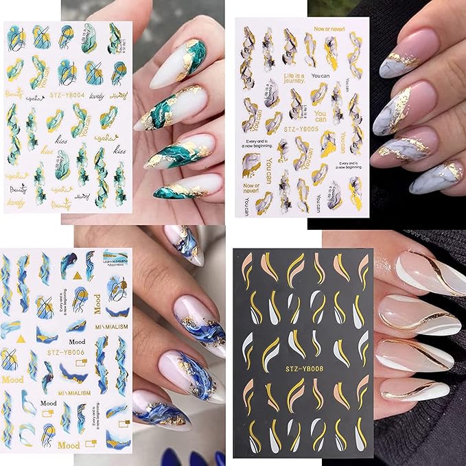 Marble Wave Nail Art Stickers, French Line Nail Art Transfer Decals Designs, 3D Geometry Gold Line Heart Nail Self-Adhesive Sticker Supplies for Women Girls Manicure Decorations, DIY Resin Nail Decal