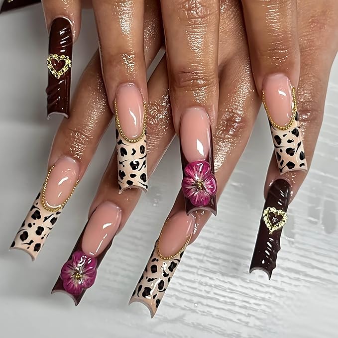 RTKHFZE Press on Nails Long Square Fake Nails Leopard French Tip Glue on False Nails Nails Press ons with 3D Flower Artificial Heart Metallic Acrylic Nail for Women 24Pcs Stick on Nail