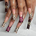 RTKHFZE Press on Nails Long Square Fake Nails Leopard French Tip Glue on False Nails Nails Press ons with 3D Flower Artificial Heart Metallic Acrylic Nail for Women 24Pcs Stick on Nail