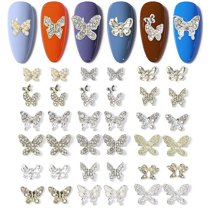 WOKOTO 36 Pcs 3D Butterfly Nail Charms, Gold & Silver Nail Butterfly Charms For Nail Art Jewels, Nail Rhinestones And 3D Butterfly Charms For Nails Butterfly Gems 3D Butterflies For Nails Decorations