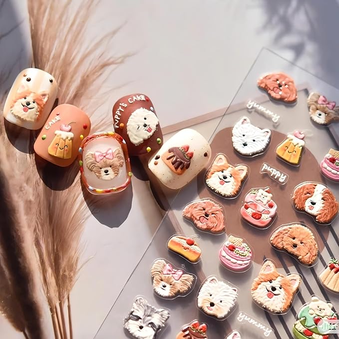 Dedyel Cute Nail Stickers 5D Embossed Cartoon Dog Kawaii Animal Self-Adhesive Nail Decals for Women Girls Kids Nail Art Decoration