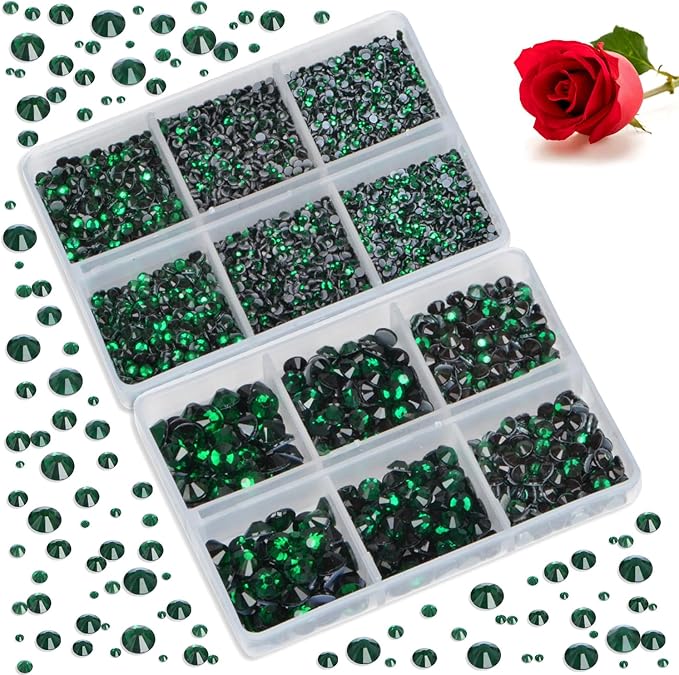 Bymitel Hotfix Crystal Rhinestones Round Gems for Crafts,Mixed 6 Sizes with Wax Pencil Kit, Emerald 1.6-6.3mm SS4-SS30/8000pcs